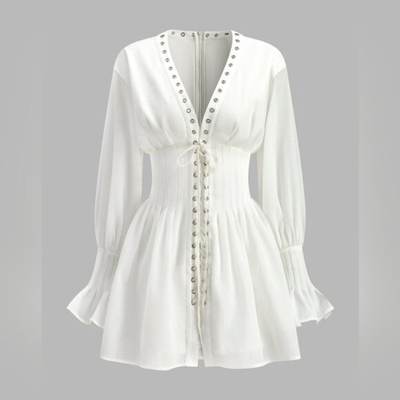 Commense Lace-Up Front Semi-Sheer Dress | Size M | NWOT | V-Neck | Long Sleeve | - Picture 6 of 6